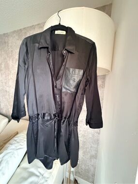 Jazmin Chebar Black Satin Drawstring Jumpsuit with Leather Pocket